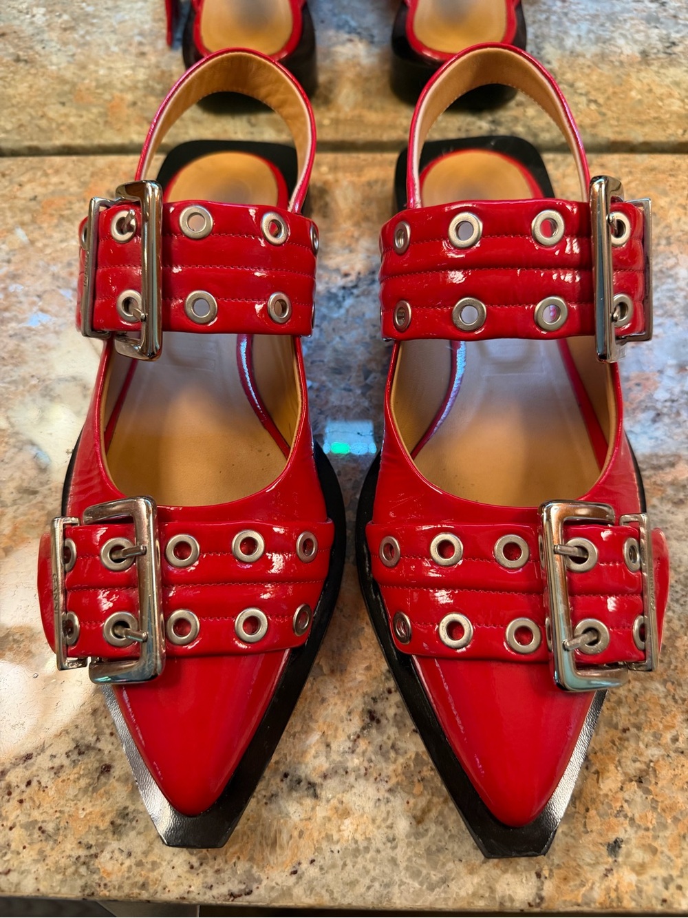 GANNI Iconic Red Patent Pointed-Toe Slingback Heels with Buckle Straps Size 37